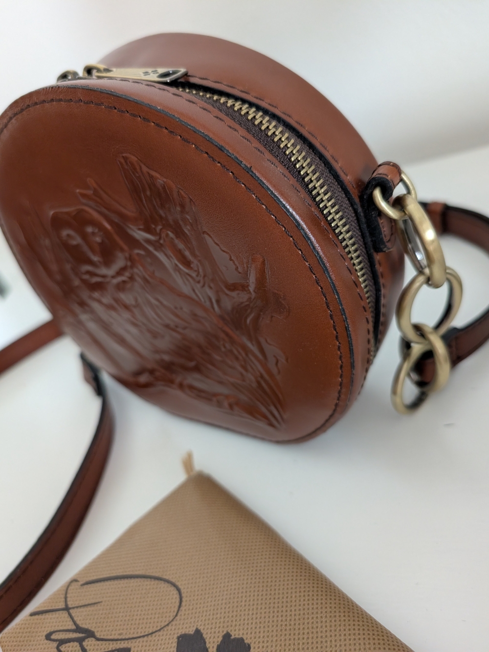 Patricia Nash Brown Embossed Owl Round Crossbody Bag - Picture 9 of 9